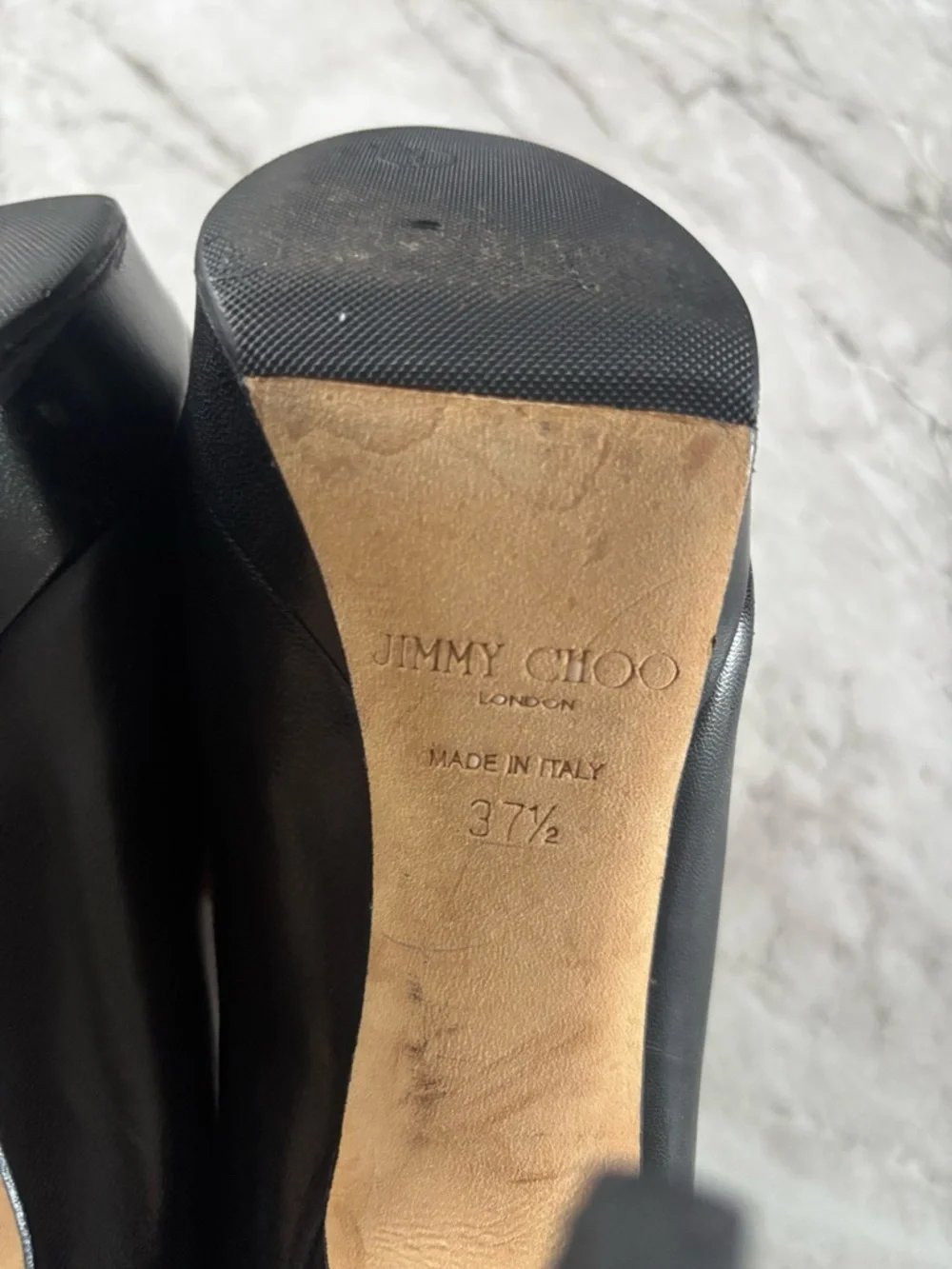JIMMY CHOO Black Leather 5” Stiletto Platform Pumps Round Toe Size 37.5